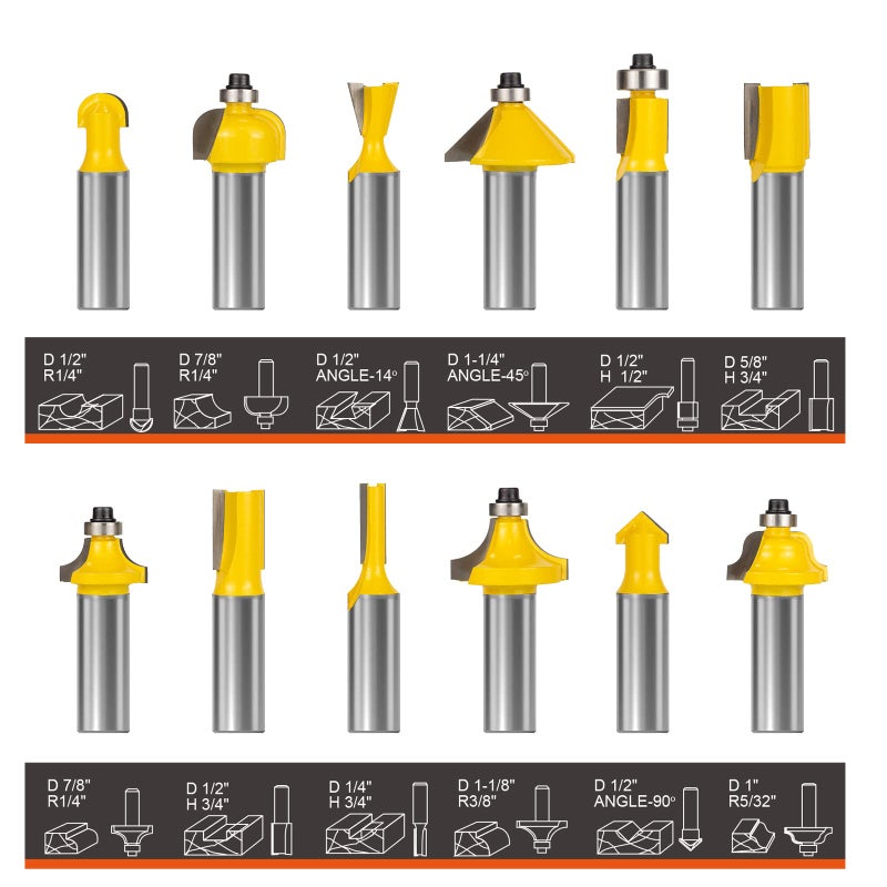 BAIDETS Router Bits Set 1/2 Inch Shank - BAIDETS 12 Pieces Tungsten Carbide Router Bits, Woodwork Tools - Image 2